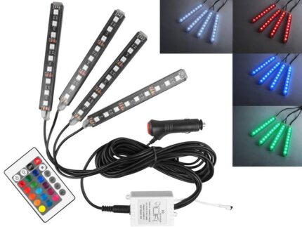 Подсветка салона автомобиля / кабины — 4 × RGB-ленты (9 × LED), водонепроницаемые + пульт + штекер прикуривателя, IP5